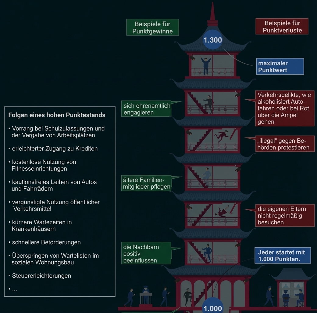 Schaubild einer mehrstöckigen Pagode als Punktesystem mit Beispielen für Punktgewinne/-verluste und Folgen eines hohen Punktestands